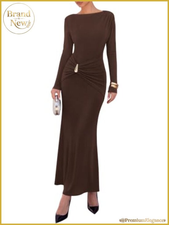 Dresses & Skirts - Long Sleeve Ruched Slit Maxi Dress Bodycon Wedding Guest Cocktail